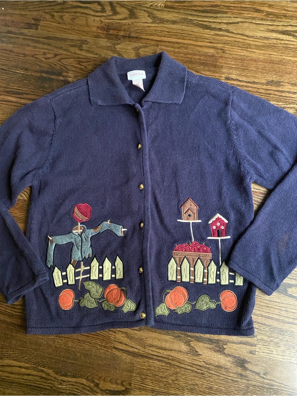 Vintage 90s Crystal -Kobe Navy Cardigan Sweater Pumpkin & Birdhouse & Scarecrow